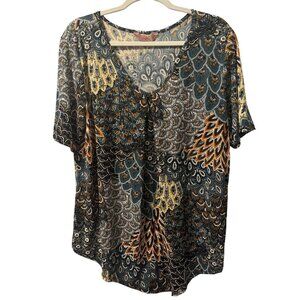 Amana Womens Multicolor Abstract Print Short Sleeve V-Neck Blouse Sz 2X